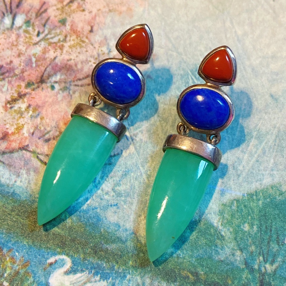 Vintage Jade Lapis Coral Sterling Silver Earrings